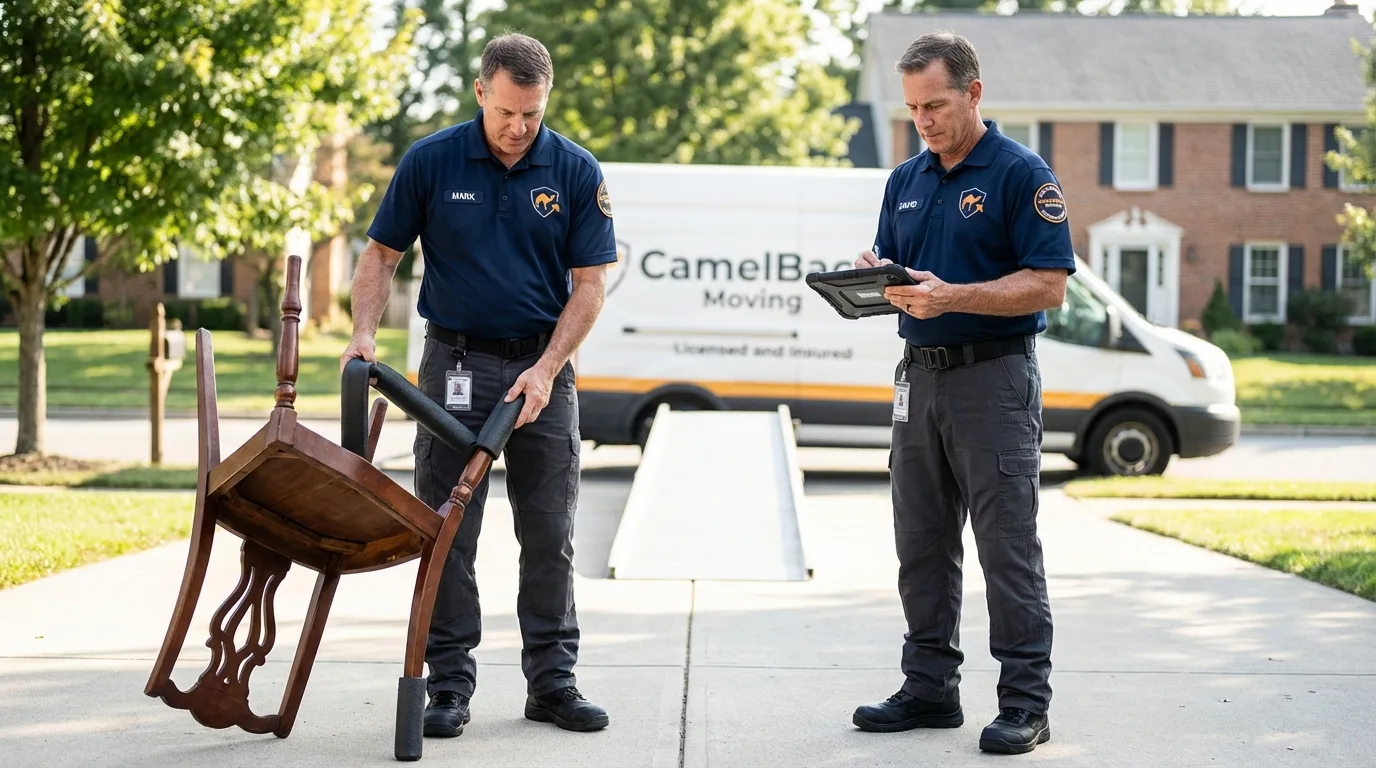 Movers inspecting furniture for damage prevention before loading in Wynantskill, NY